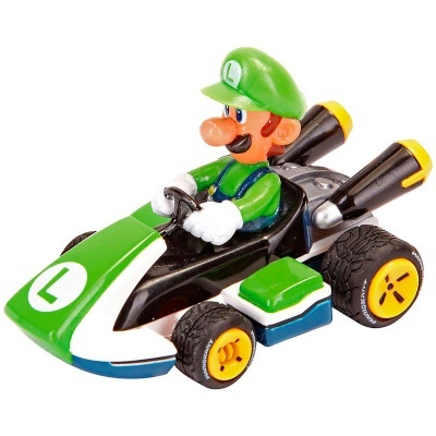 Brinquedo de Luigi em kart verde e preto com detalhes amarelos