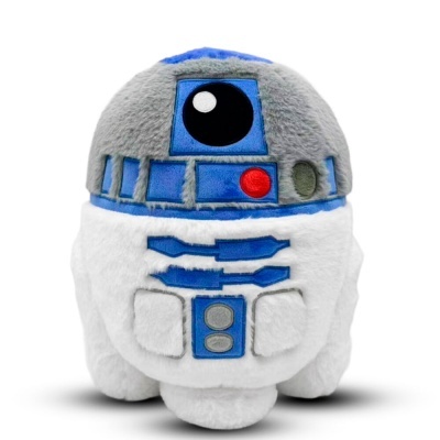Pelúcia R2-D2 em tecido macio azul, cinza, branco e detalhes vermelhos e pretos