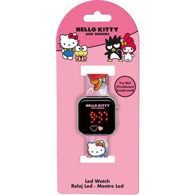 Relógio de LED Hello Kitty com bracelete branca e embalagem rosa com personagens