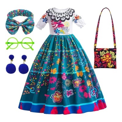 Conjunto infantil azul turquesa com padrões florais coloridos e acessórios
