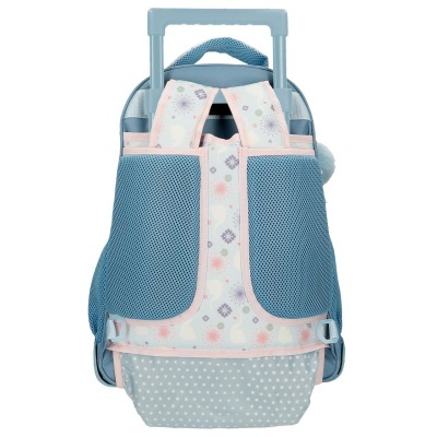 Mochila azul claro com padrão floral e rodas