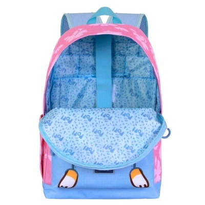 Mochila azul e rosa com padrão floral rosa e interior azul claro com padrão POP.
