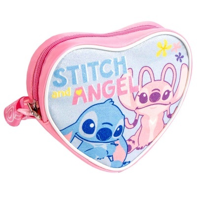 Mala com imagem de Stitch e Angel em forma de coração rosa