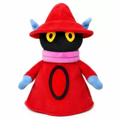 Pelúcia colorida do personagem Orko com vestes vermelhas e rosto preto, olhos amarelos.