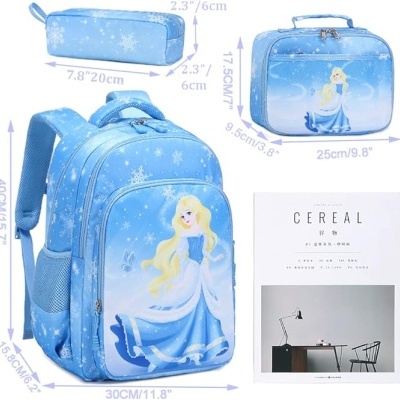 Conjunto escolar azul com imagem de princesa e flocos de neve