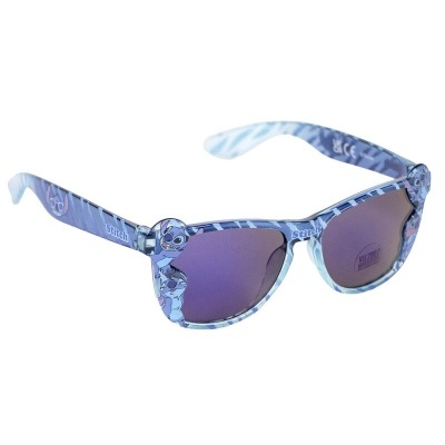 Óculos de sol azul camuflado com lentes espelhadas roxas e escrita Stitch.