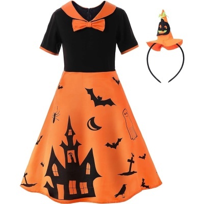Vestido infantil de Halloween preto e laranja com estampado de Halloween e tiara com chapéu de bruxa