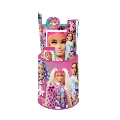 Material escolar com tema Barbie em suporte cilíndrico cor-de-rosa