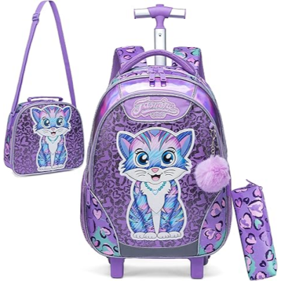 Conjunto lilás infantil com mochila de rodinhas, lancheira e estojo com desenho de gato e corações