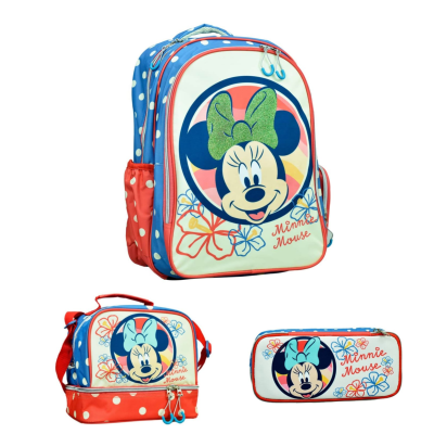 Mochila, lancheira e estojo com estampa da Minnie Mouse e bolinhas brancas
