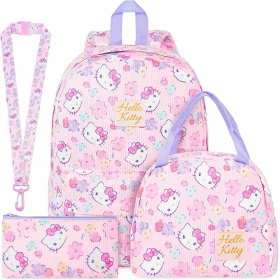 Conjunto Hello Kitty mochila, bolsa e estojo rosa com flores e alças lilás