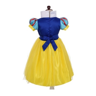 Vestido infantil estilo princesa azul, amarelo e branco com saia rodada