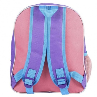 Mochila rosa e lilás com alças almofadadas azul claro vista por trás