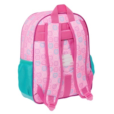 Mochila infantil rosa com padrão de rostos e alças rosas ajustáveis