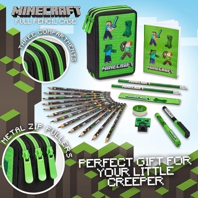 Estojo completo de lápis Minecraft com acessórios em verde e preto