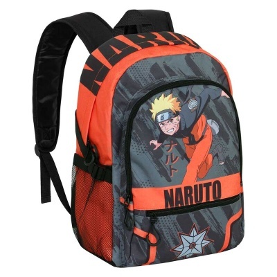 Mochila escolar preta e laranja com imagem do personagem Naruto e texto NARUTO