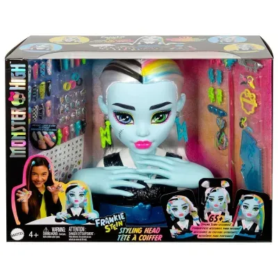 Boneca Monster High azul claro com cabelo colorido e acessórios em caixa