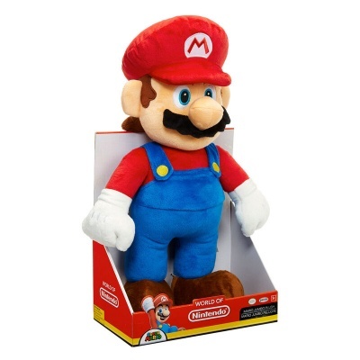 Boneco de pelúcia do Super Mario com roupa azul e vermelha