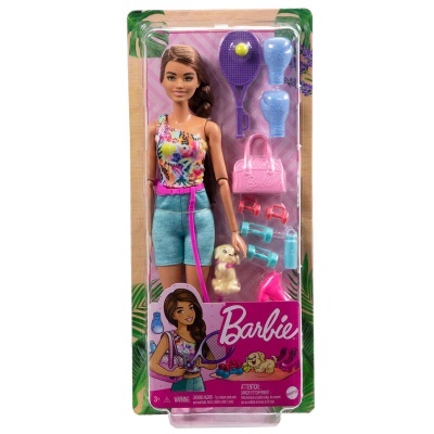 Boneca Barbie castanha com acessórios e cão em embalagem de plástico