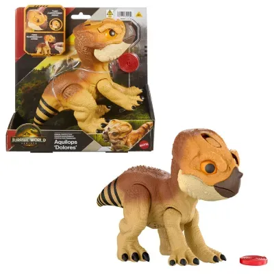 Brinquedo dinossauro Aquilops Dolores com embalagem Jurassic World