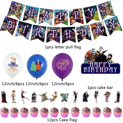 Conjunto de decoração de festa com banner, balões e toppers de bolo de personagens animados