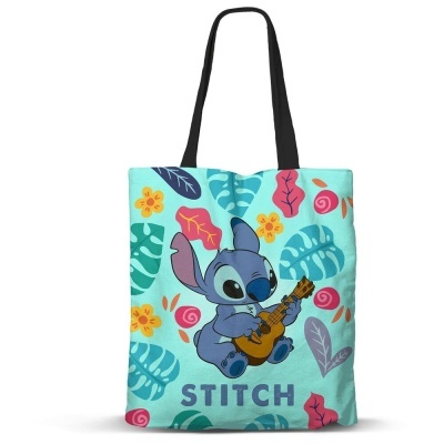 Saco azul claro com estampa de Stitch a tocar ukulele e folhas coloridas