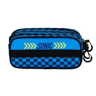 Estojo escolar azul xadrez com texto SONIC e setas amarelas