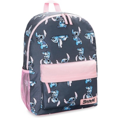 Mochila cinzenta com padrão do Stitch azul e detalhes rosa