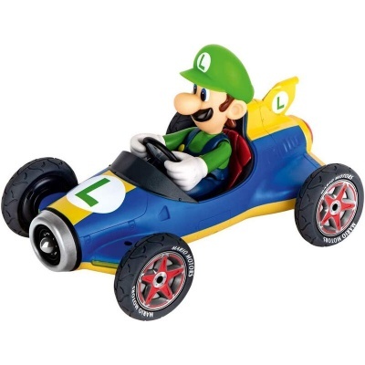 Brinquedo Luigi em carro de corrida azul e amarelo com símbolo L