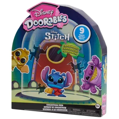 Embalagem do brinquedo Disney Doorables Stitch com figuras coloridas e texto