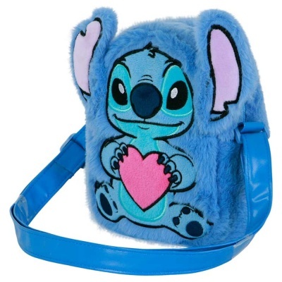 Mala de ombro azul felpuda com desenho do Stitch a segurar coração rosa