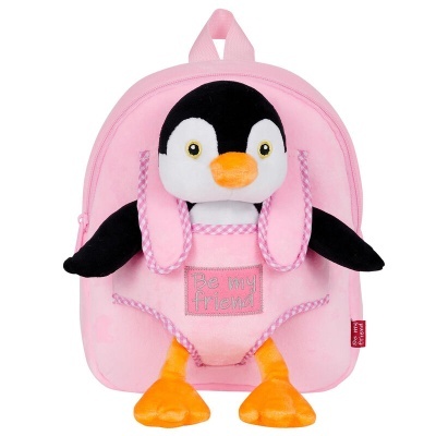 Mochila cor-de-rosa com peluche de pinguim e mensagem Be my friend