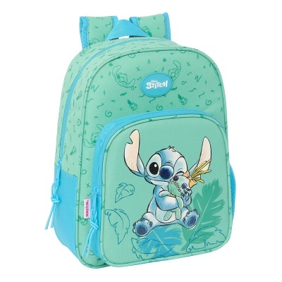 Mochila infantil azul e verde com estampa do personagem Stitch segurando um peixe