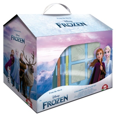 Conjunto de colorir e carimbar Disney Frozen em embalagem em formato de casinha azul com personagens na frente