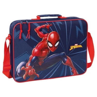 Mala azul escura com alça vermelha e estampa do Homem-Aranha