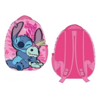 Mochila rosa com personagem Stitch e boneca, vista frontal e traseira