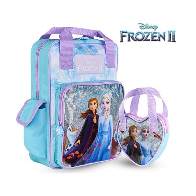Mochila e saco pequeno azul e lilás com personagens de Frozen II
