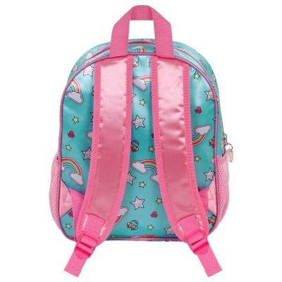 mochila infantil azul com padrão colorido e alças rosa
