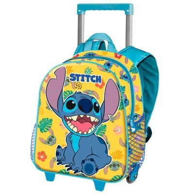 Mochila de criança azul e amarela com personagem Stitch e rodas.
