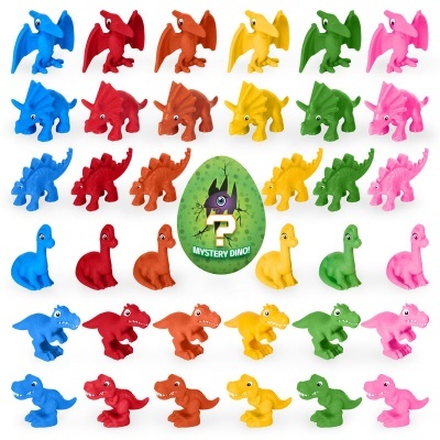 Brinquedos de dinossauros coloridos com um ovo verde de 'Mystery Dino!' no centro.
