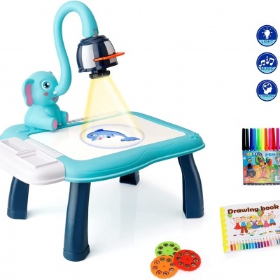 Mesa de desenho infantil azul com projetor e acessórios