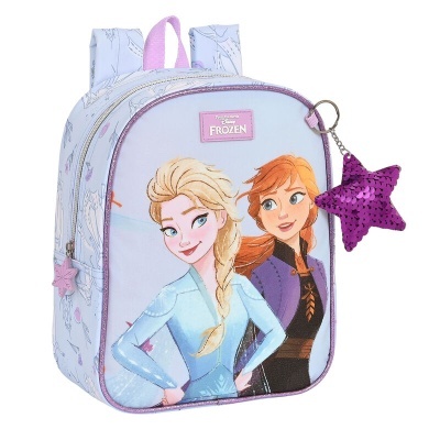 Mochila infantil Frozen com personagem Elsa e Anna e pendente de estrela roxa