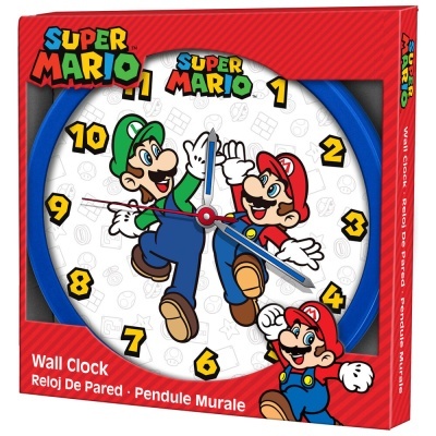 Relógio de parede azul com personagens de Super Mario e embalagem vermelha