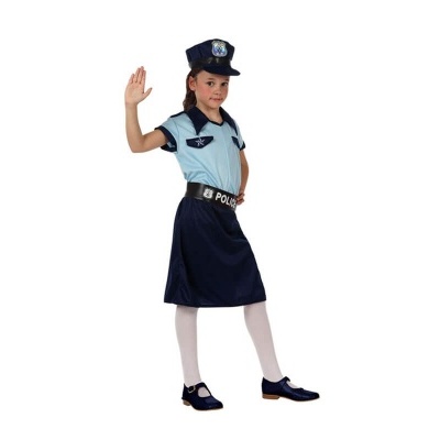 Criança com fato de polícia azul e preta com chapéu e posição de cumprimento