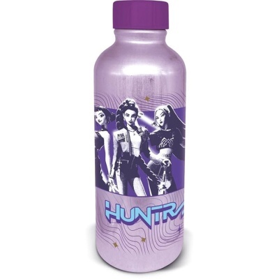 Garrafa metálica roxa com personagens femininas e texto HUNTRA.