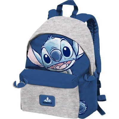 Mochila infantil cinzenta e azul com estampa do personagem Stitch