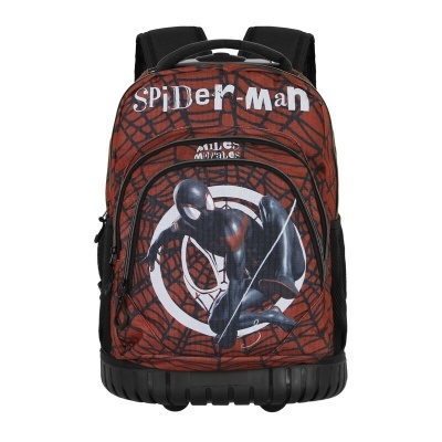 Mochila Spider-Man vermelha e preta com estampado de teia de aranha e personagem Spider-Man