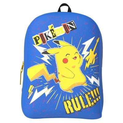 Mochila azul com Pikachu e textos Pokémon Rule