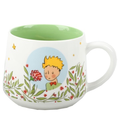 Caneca em cerâmica branca com ilustração do Pequeno Príncipe e flores