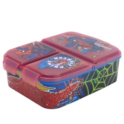 lancheira de plástico decorada com Homem-Aranha e teias de aranha